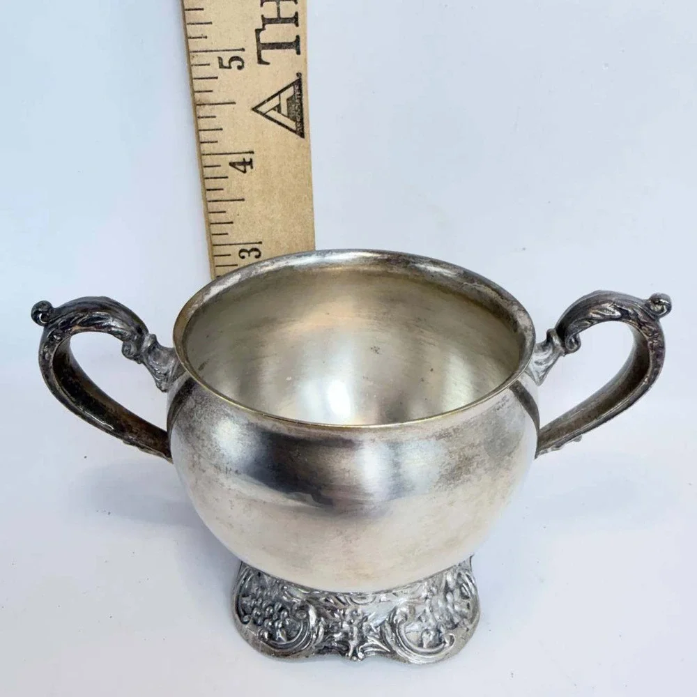Hanle Vintage Silverplate Sugar Bowl Footed Ornate Grape Vine Double Handle